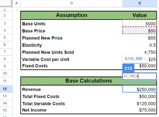 An example of running base calculations in Google Sheets